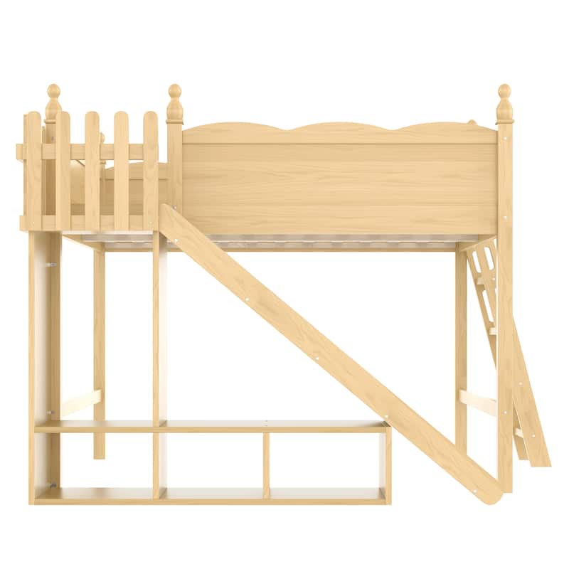 Modern High Loft Beds with Full Length Guardrails, Solid Wood Storage Loft Bed Frame with Detachable Slide and Ladders