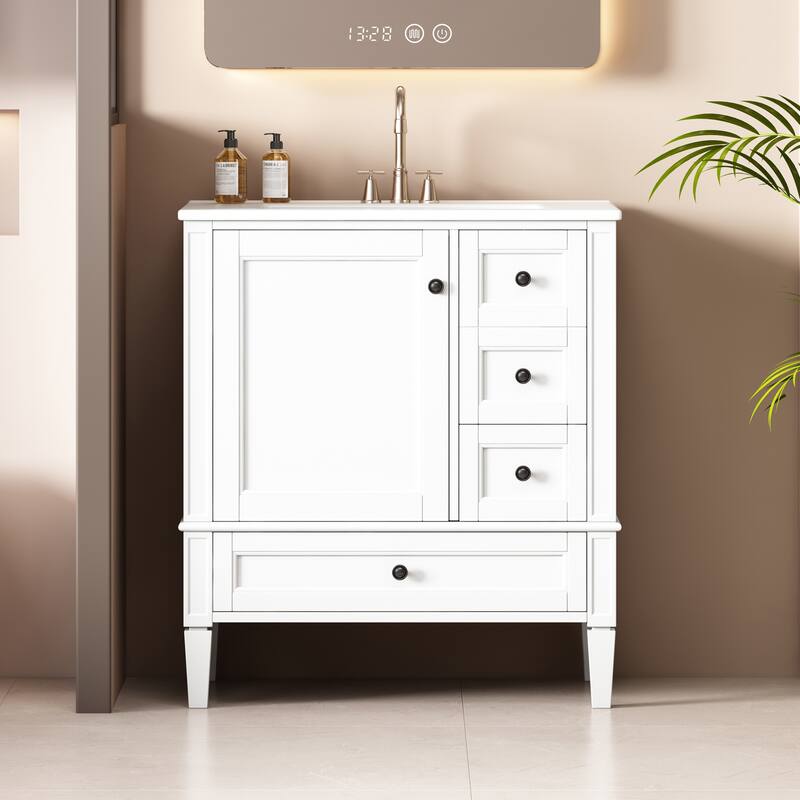 Bathroom Vanity with Ceramic Sink, Modern Bathroom Storage Cabinet with Side Door Organizer and 3 Different Sizes Drawers
