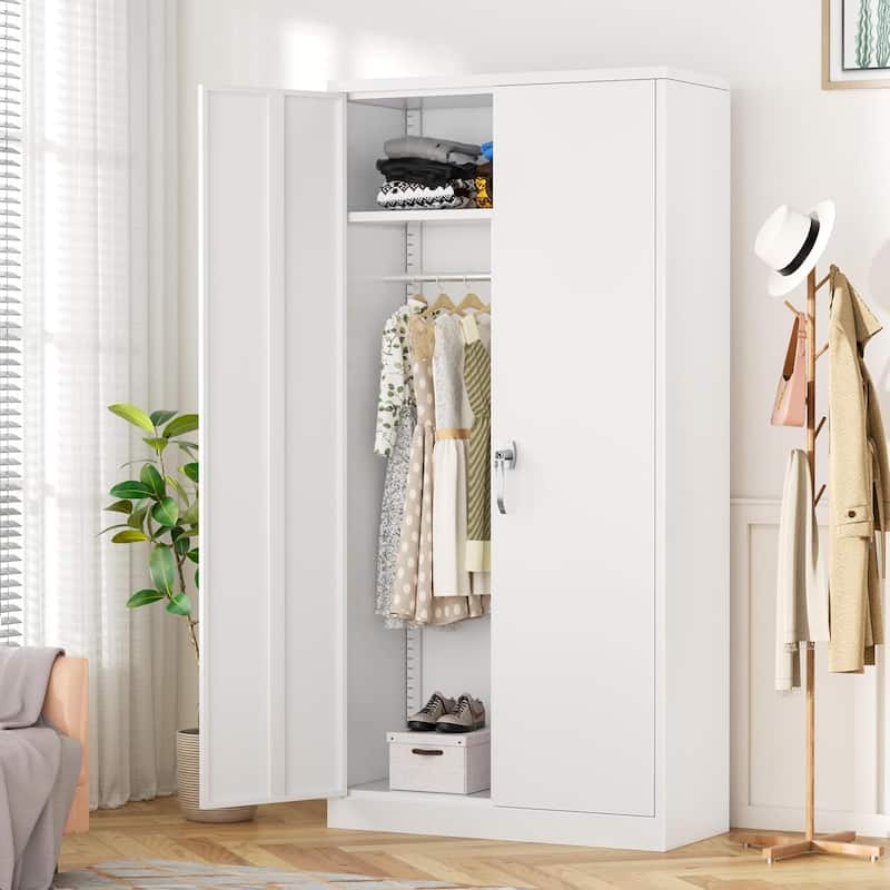 72'' Tall Metal Lockable Wardrobe Armoire Storage Cabinet Locker with Hanging Rod for Garage, Gym, Home Office
