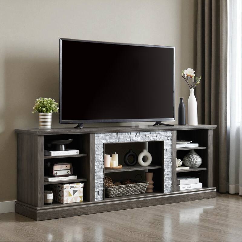 70" TV Stand with Faux Stacked Stone Surround, Modern Entertainment Console with Large Storage Cabinets