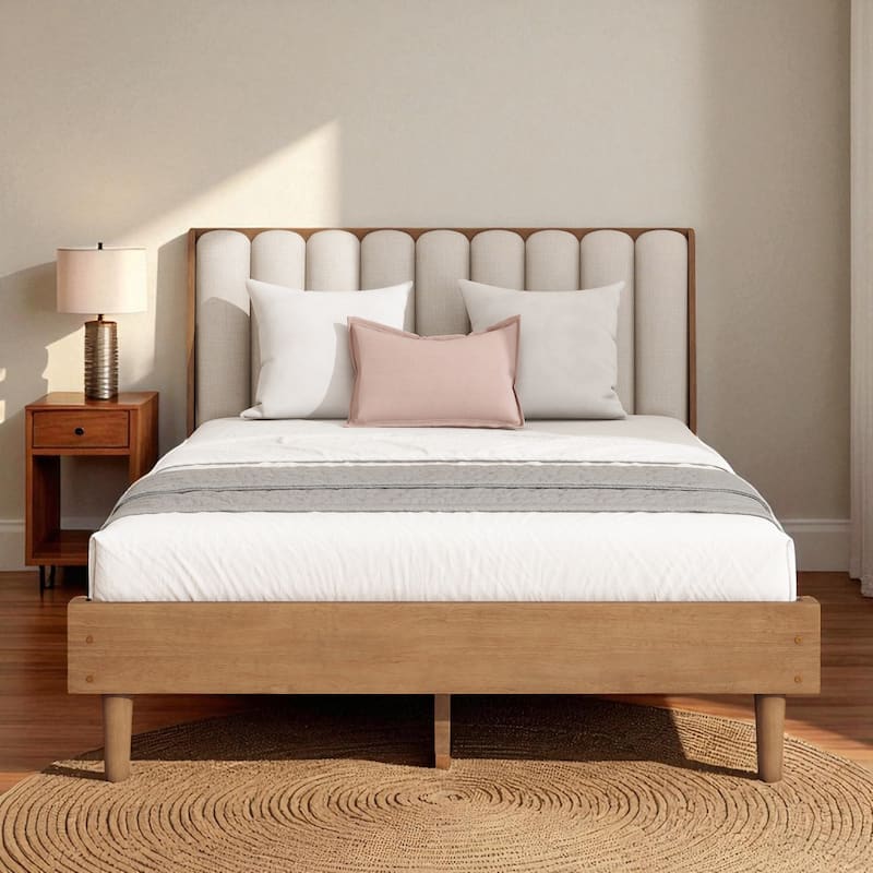 Queen/King Size Wood Platform Bed with Piano Key Upholstered Headboard and Sturdy Bed Frame - Wheat - Queen