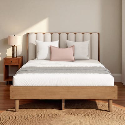 Queen/King Size Wood Platform Bed with Piano Key Upholstered Headboard and Sturdy Bed Frame