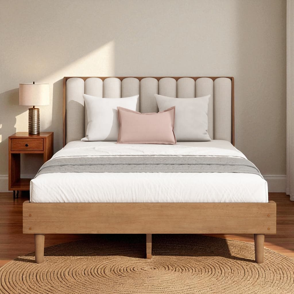 Queen/King Size Wood Platform Bed with Piano Key Upholstered Headboard and Sturdy Bed Frame