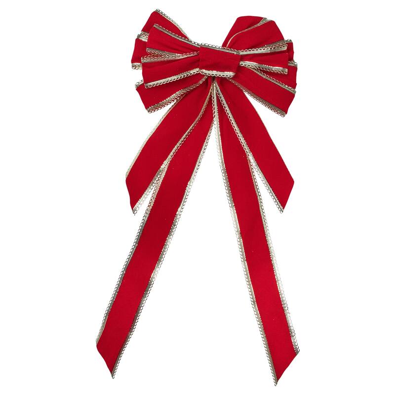 Velvet 10-Loop Christmas Bow Decoration - 12" x 25" - Red and Gold - 12" x 25"