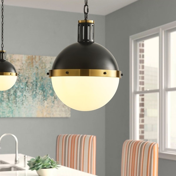 13 inch Matte Black Globe Pendant Light with Half Opal Glass Shade Black White
