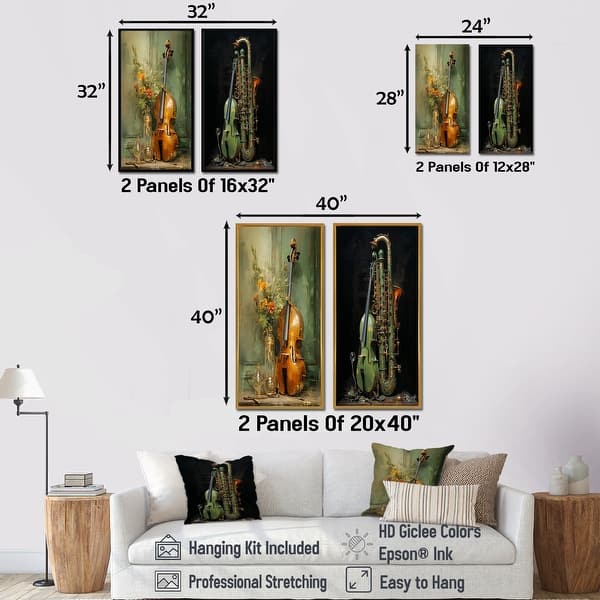 Designart "Bassoon Beauty Opulent Olive" Music Framed Art Set Of 2 - Traditional Wall Art Set Green Wall Decor 2 Pieces