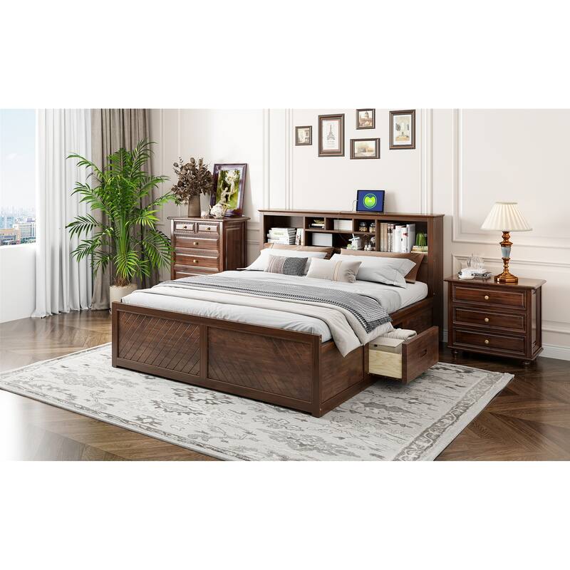 King Size Wood Platform Bed with Storage Headboard, USB Ports, and Drawers in Antique Wood Finish