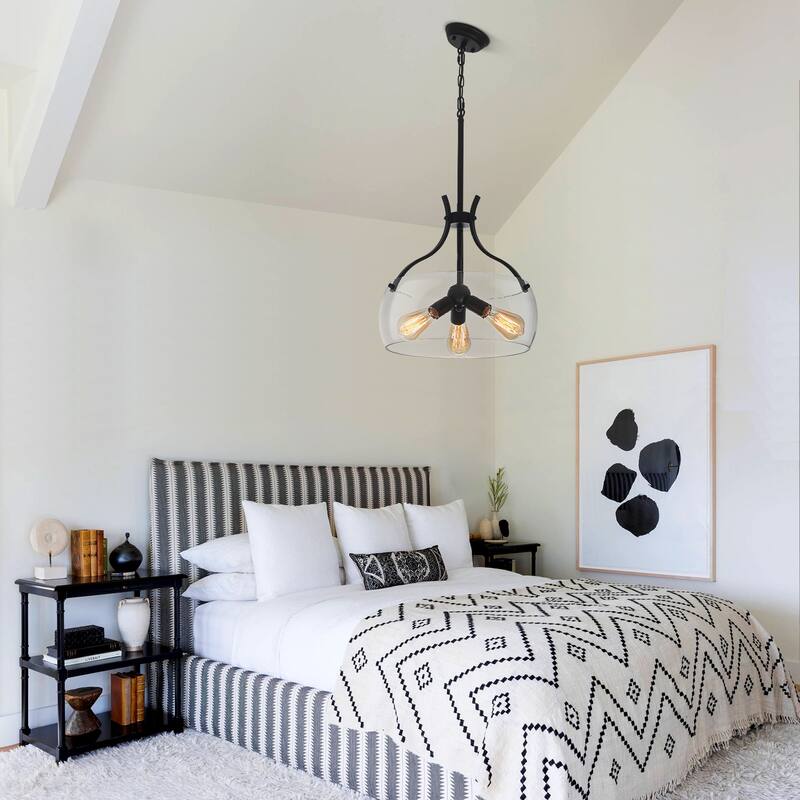 Simple and elegant 3-light metal frame pendant lamp with adjustable height chain and glass lampshade