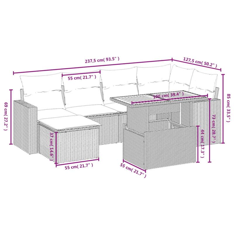 vidaXL Patio Sofa Set with Cushions Outdoor Furniture 7 Piece Poly Rattan - 24.4 x 24.4 x 27.2