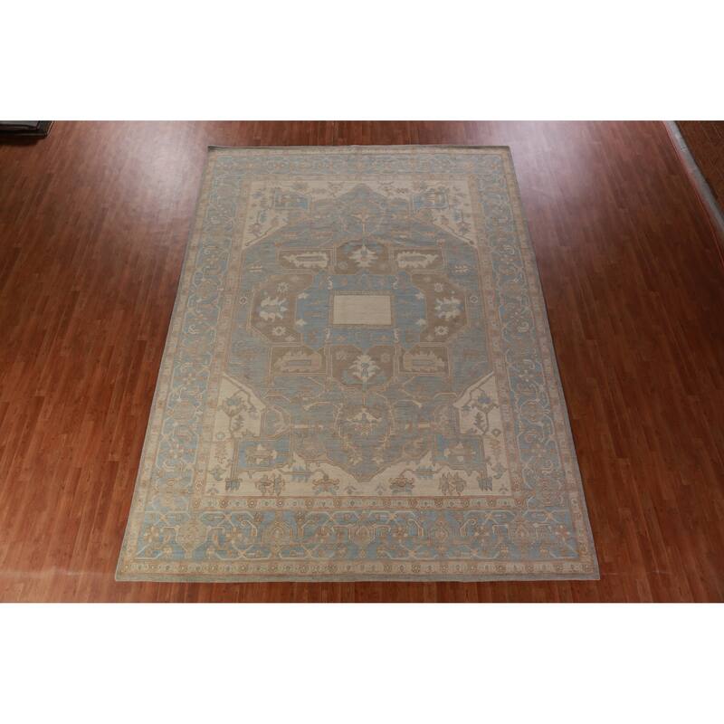 Hand Knotted Oriental 100% Wool Carpet Transitional Medallion Navy Blue & Blues Oushak Area Rug - 13' 7'' X 10' 0''