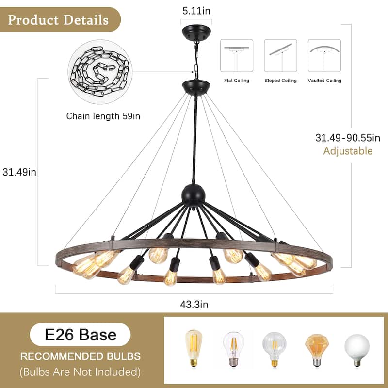 12-Light W43.3" x H90.55" Wagon Wheel Chandelier for Study Bedroom