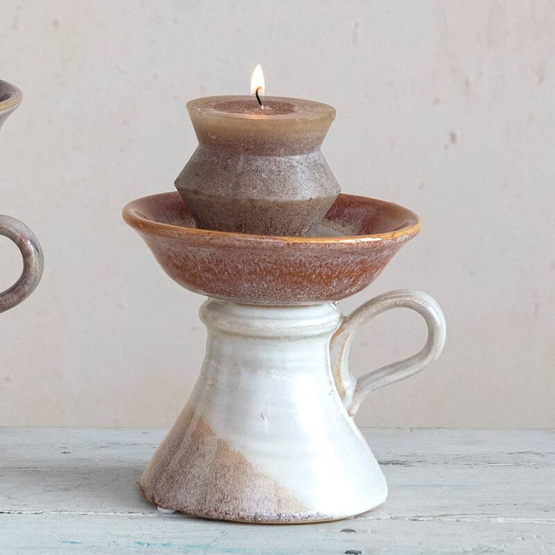 Stoneware Pillar Candle Holder with Handle and Reactive Glaze