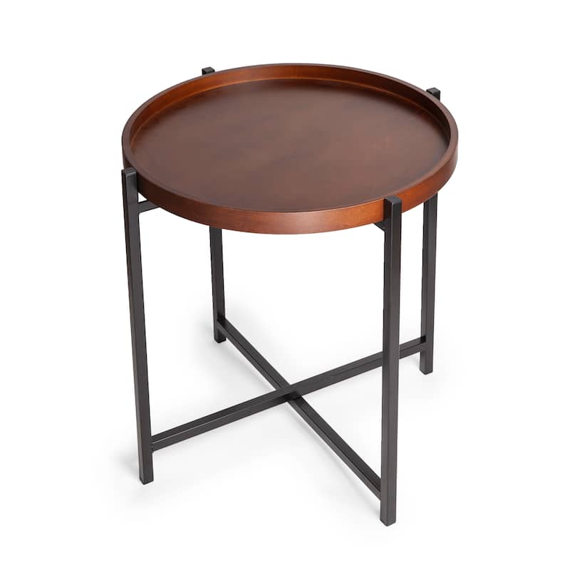 Mid-century Modern Round Side Table with Removable Wood Tray