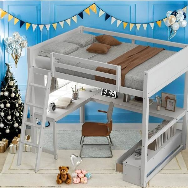 slide 2 of 12, Kids LED Loft Bed with L-shaped Desk,USB,Bench with 2 Drawers,Full Size Grey