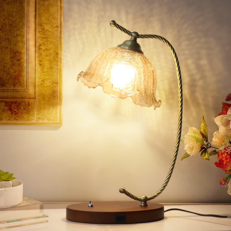 Desk Lamp Flower Antique Glass Accent Nightstand Table Light with USB charging port
