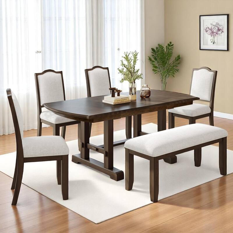6-Piece Extendable Dining Table Set, 60"-78" Wood Kitchen Table with Removable Leaf, Upholstered Chairs & Bench for Dining Room - Brown