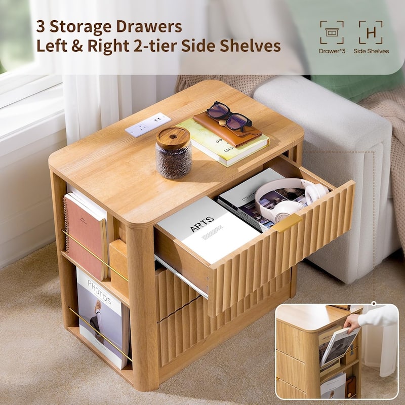 Fluted Nightstand Charging Station 3 Drawers Side Storage Shelves