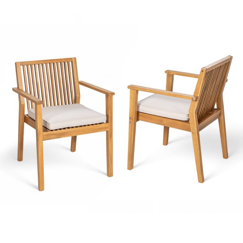 Roomfitters Patio Dining Chairs Set of 2, Acacia Wood Armchairs with Cushions, Outdoor Seating in Natural Finish