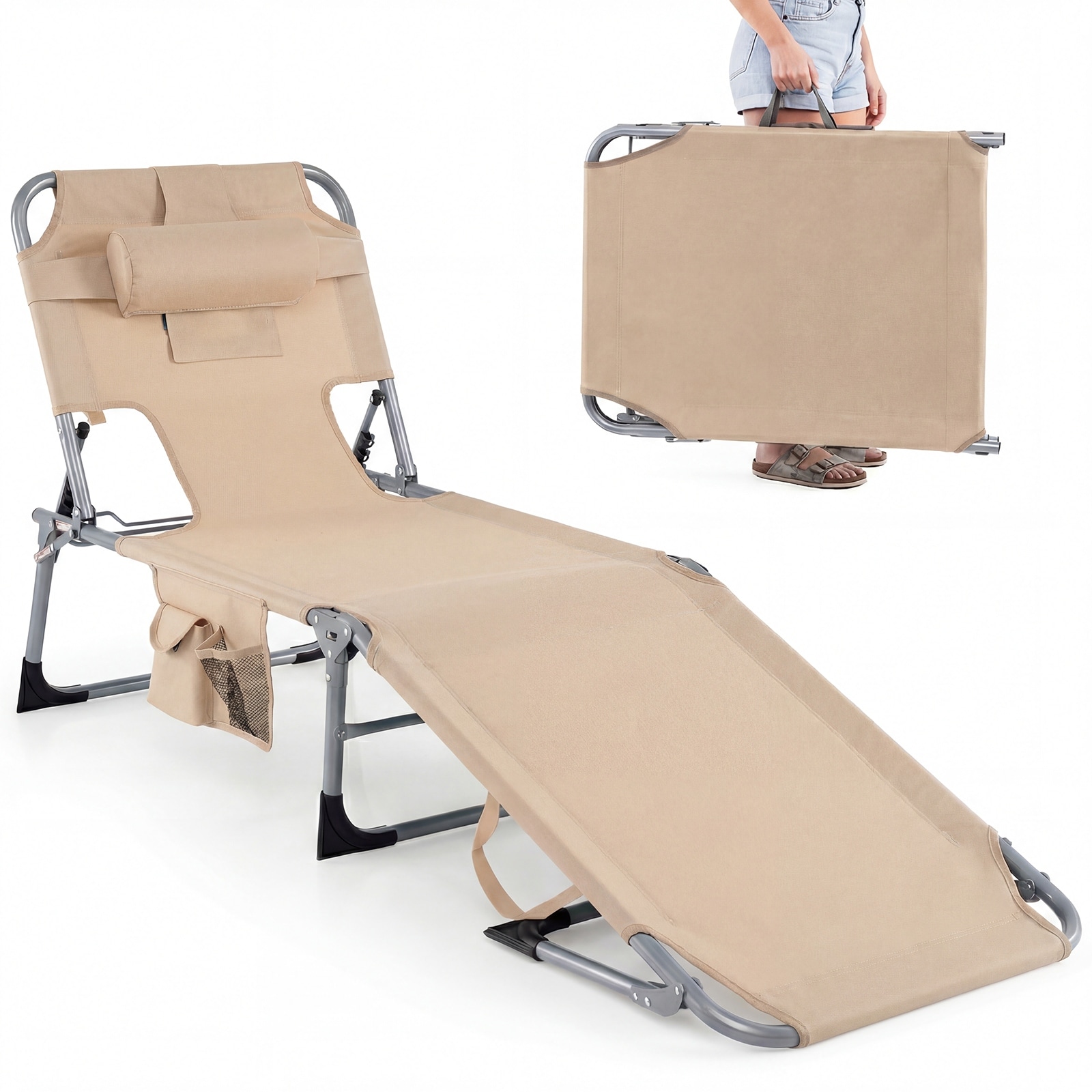 Gymax Tanning Chair w/ Face & Arm Holes Folding Chaise Lounge Beach