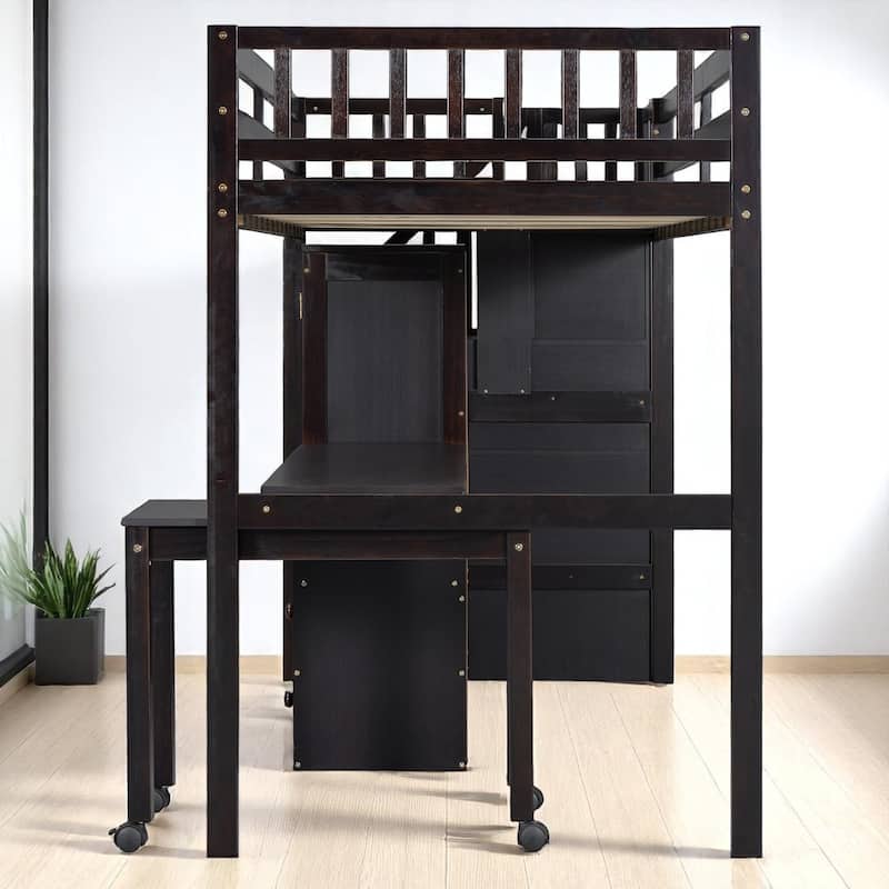 Twin/Full Size Loft Bed with Desk, Wardrobe, Drawers & Stairs, Wood Frame Study Bed with Storage for Kids/Teens