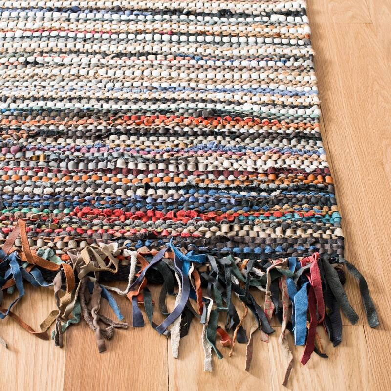 SAFAVIEH Handmade Vintage Boho Leather Zhanna Modern Stripe Leather Rug with Fringe