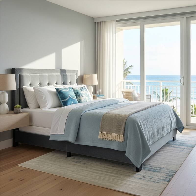 Austin Fabric Queen Bed with Button Tufting and Stitching