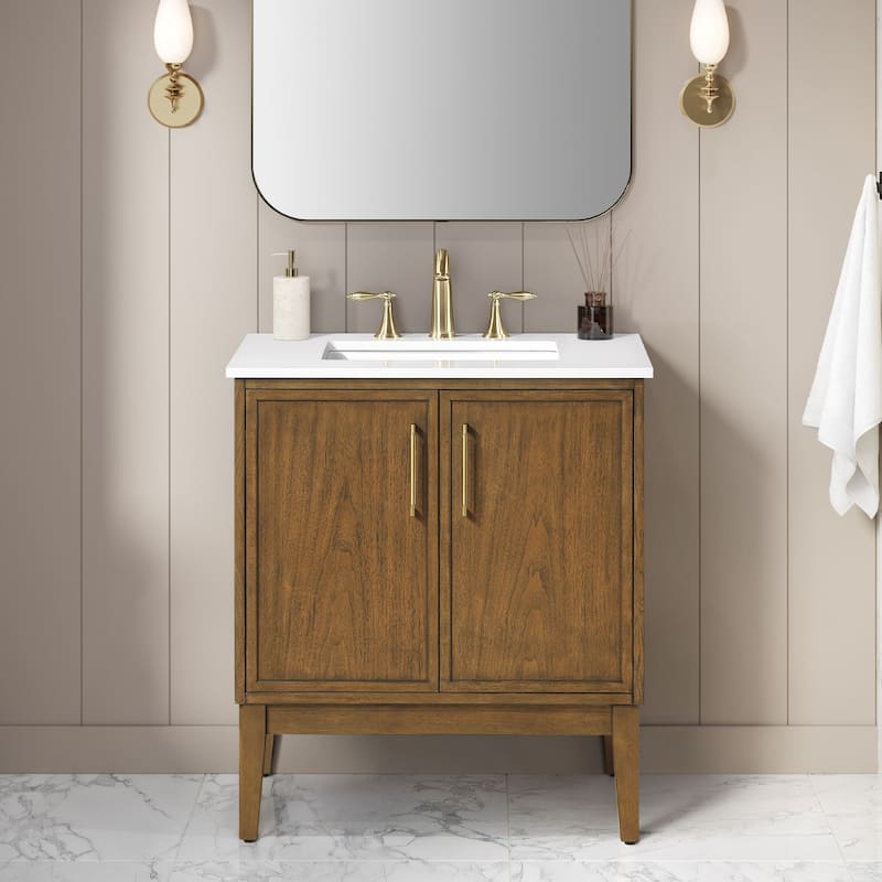 Kira Warm Walnut Bathroom Vanity with White Engineered Stone Top
