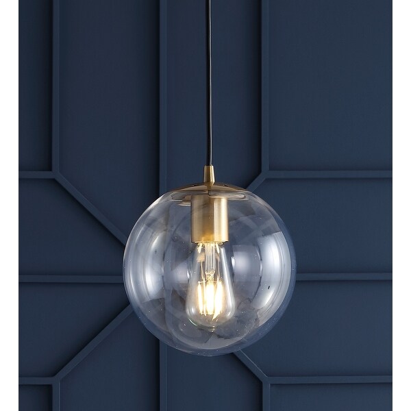 Bleecker 7.75" Metal/Glass Globe LED Pendant, Clear/Brass by JONATHAN Y. Opens flyout.