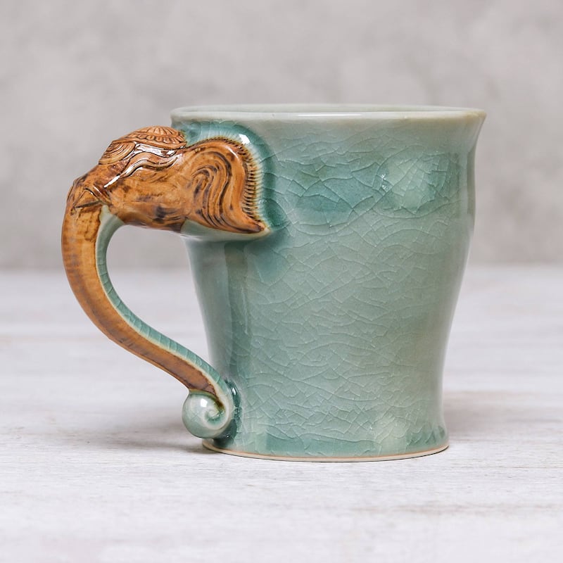 Handmade Elephant Handle In Green Celadon Ceramic Mug (Thailand)