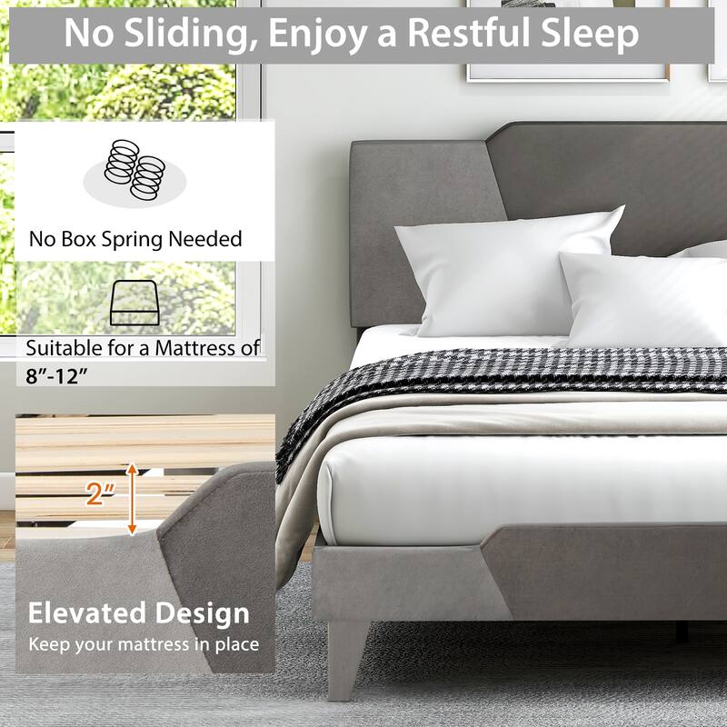 Modern Velvet Bed Frame with Anti-Slip Feet and Strong Slats