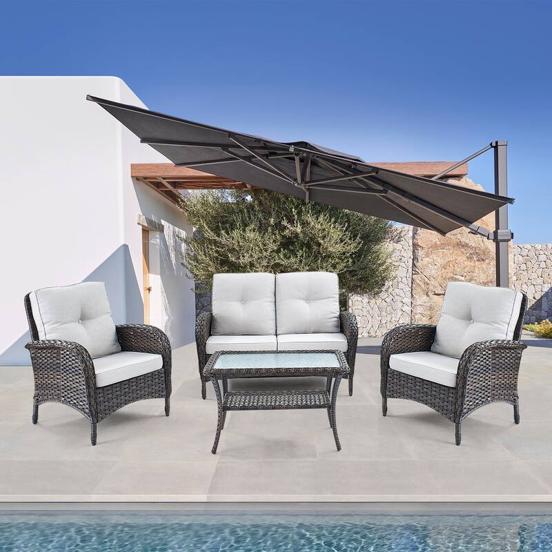 Gymojoy Outdoor Loveseat Sofa Club Chair Table Set with PE Wicker - BrownRattan/Beige - Biege