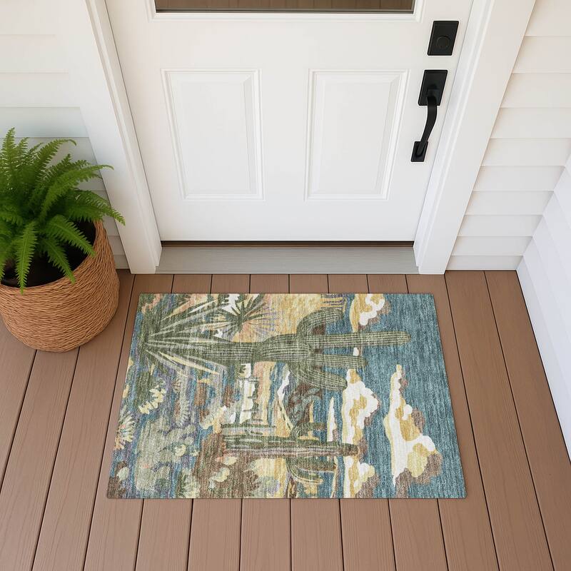 Machine Washable Indoor/ Outdoor Southwestern Mesa Chantille Rug - Teal - 1'8" x 2'6"