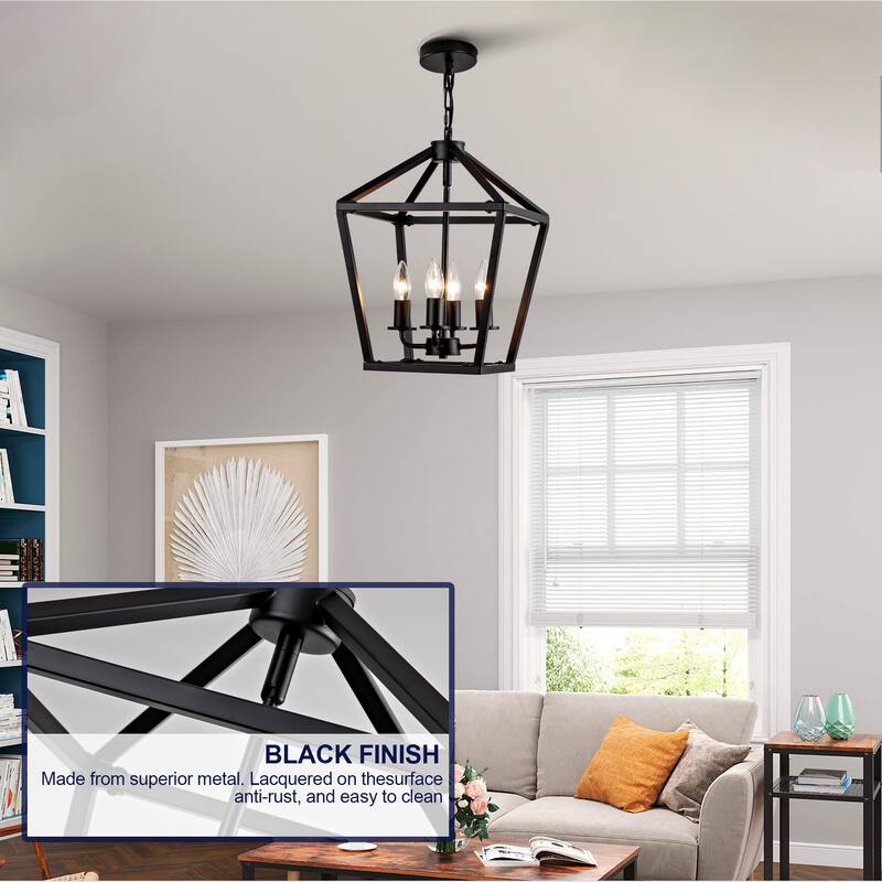 Farmhouse Lantern Chandelier 4-Light with Rustic Open Cage and Adjustable Hanging Height