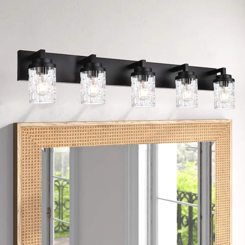 6-Light Bathroom Lighting with Clear Grid Glass - Black