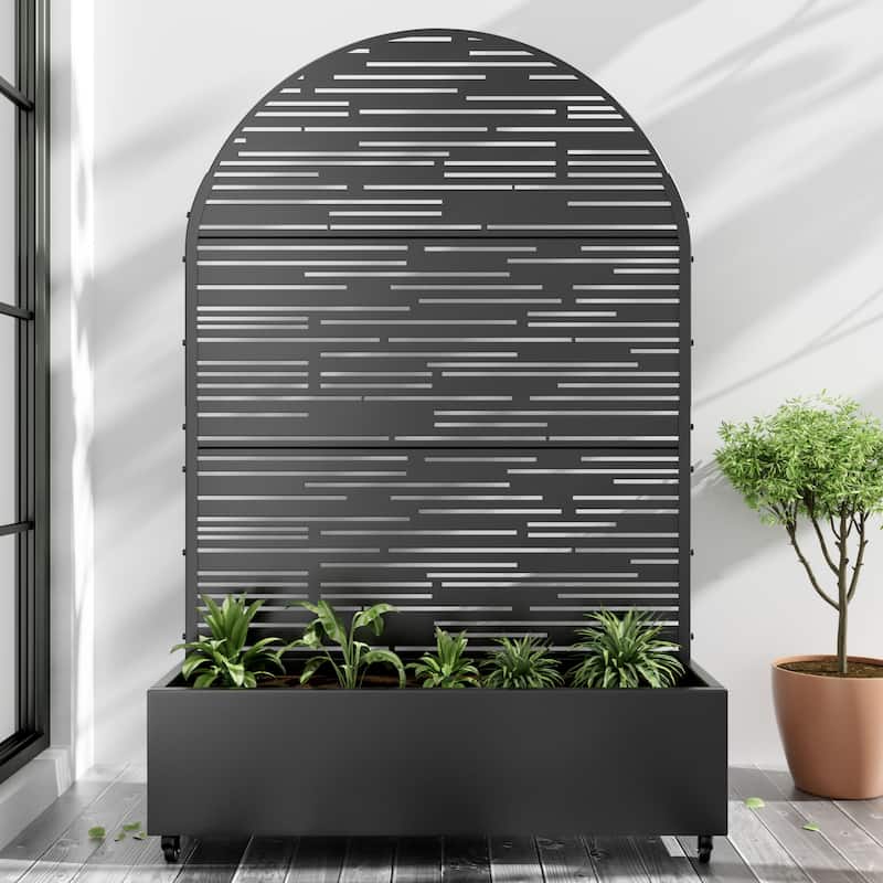 Metal Movable Planter Box with Trellis Privacy Screen Planter Box with Lockable Wheels - Black1