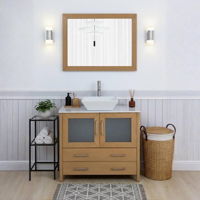 Vanity Art 36" Single Sink Bathroom Vanity Set with Engineered Marble Top Free Mirror - 36 x 18.5 x 36 Inches - Natural Oak