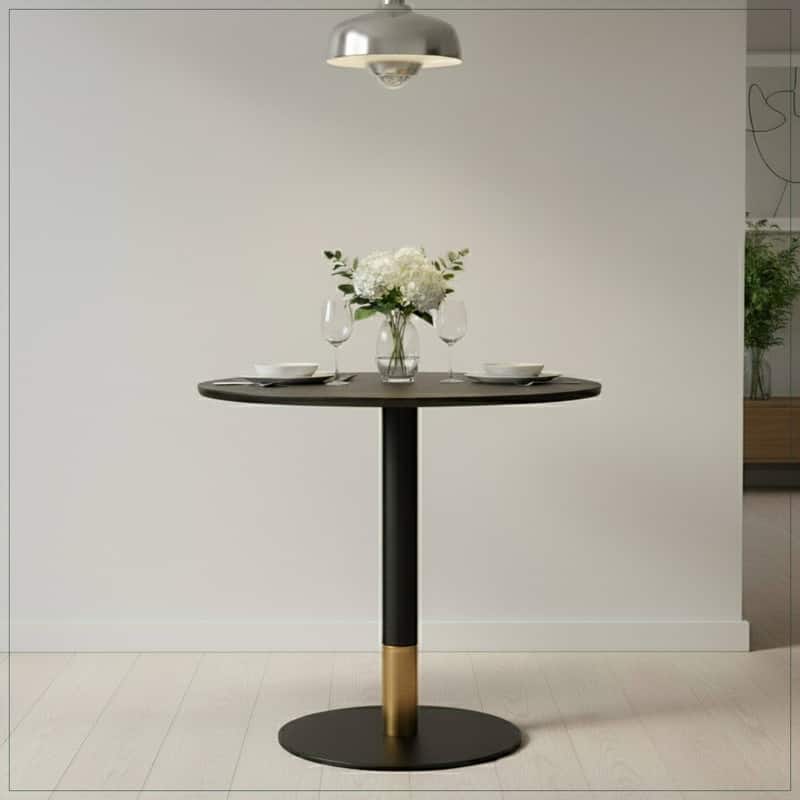 Vail Round Dining Table 27 in. Sintered Stone Tabletop in Black Stainless Steel Round Pedestal Base with Gold Accents