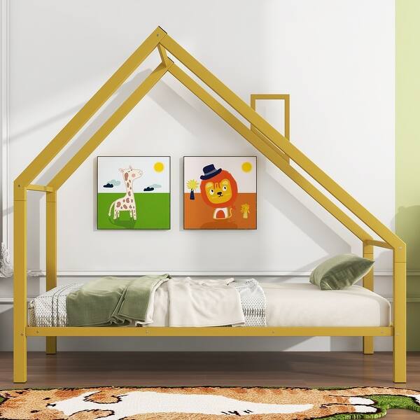 slide 2 of 33, Metal House Platform Bed with Roof and Chimney Twin - Gold