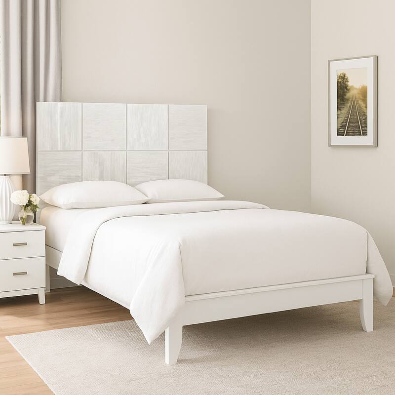 Deny Queen Size Bed w Grid Pattern Headboard, Tapered Front Legs, White