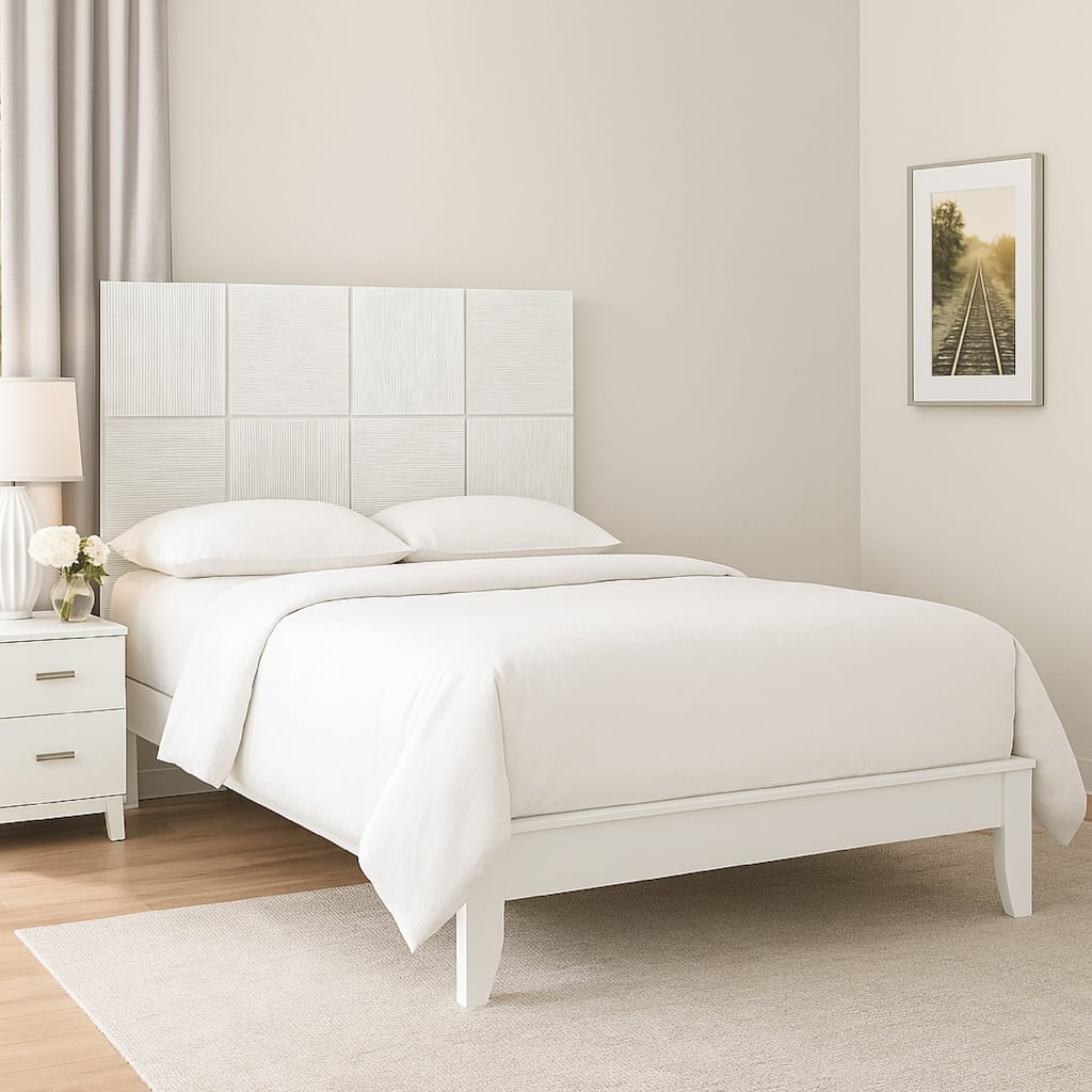 Deny Queen Size Bed w Grid Pattern Headboard, Tapered Front Legs, White