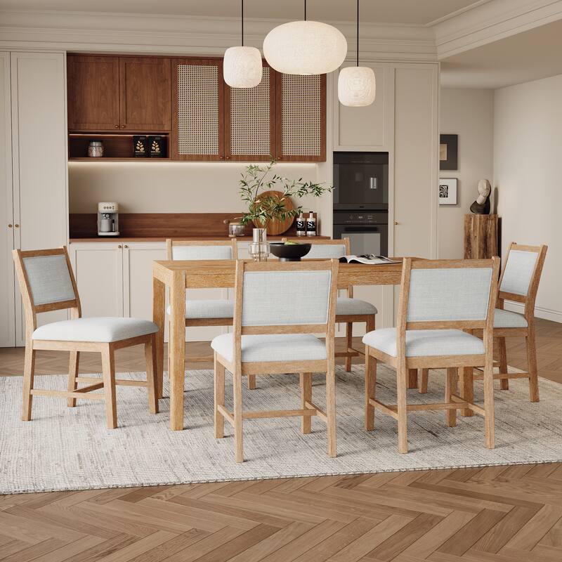7-Piece Retro Dining Set for Six - Rectangular Wood Table & Upholstered Chairs‌ - Natural