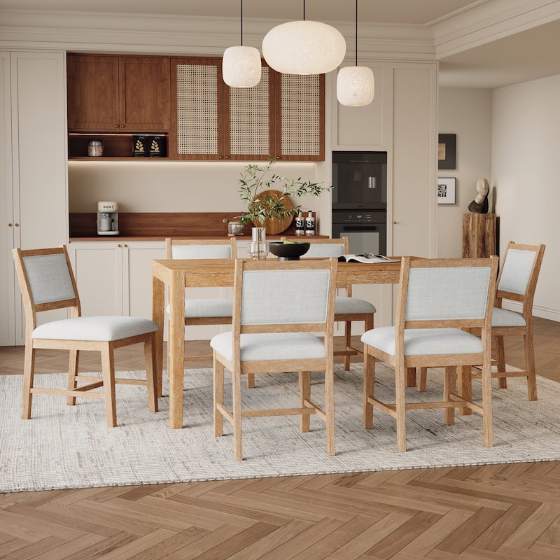 GDFStudio - 7-Piece Rectangular Wood Dining Table Set with 6 Upholstered Chairs