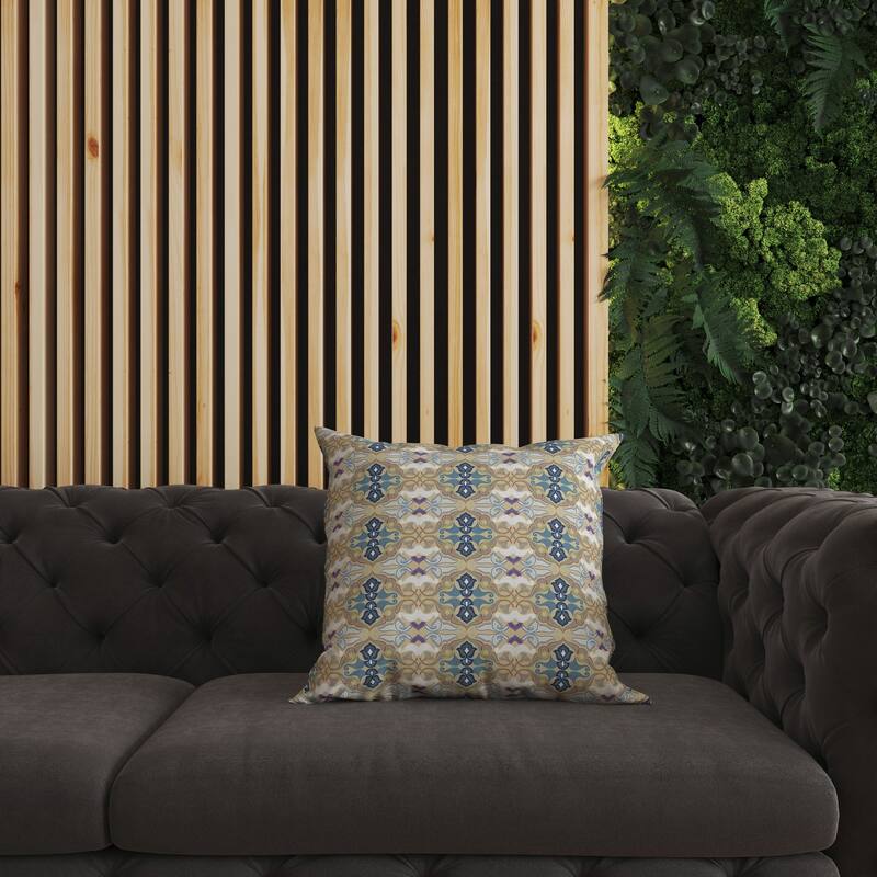 Beige And Blue Floral Elegance Indoor/Outdoor Throw Pillow Zipper