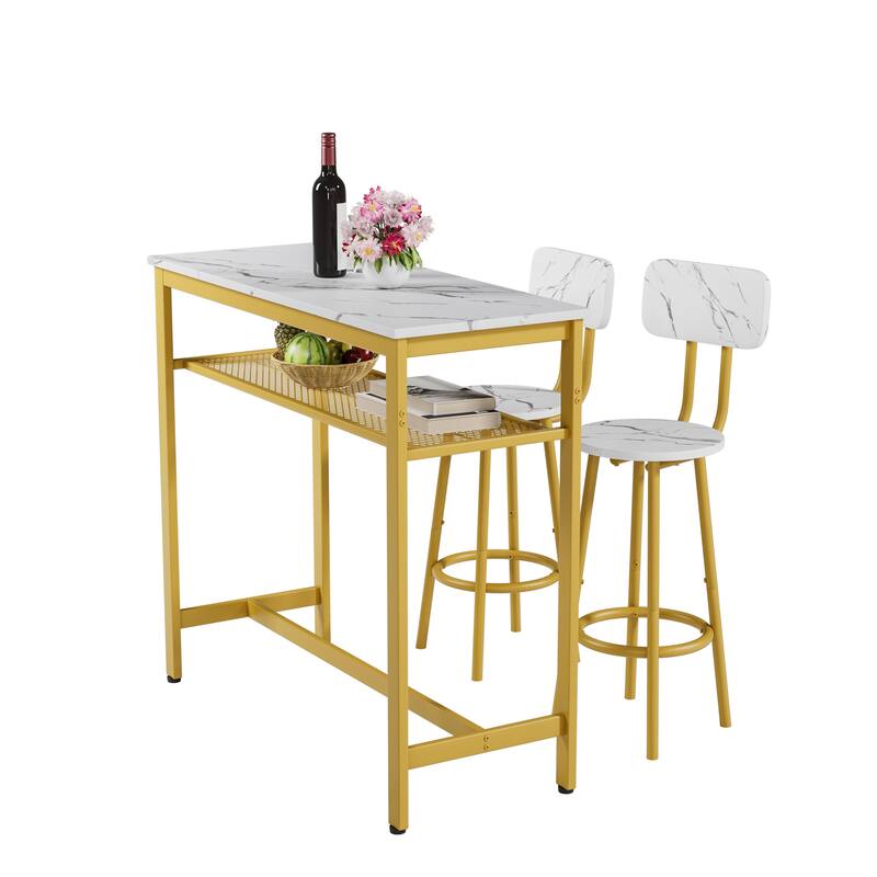 3 Piece Bar Table Set, Bar Table and Chairs Set of 2 with Metal Frame and Storage Rack