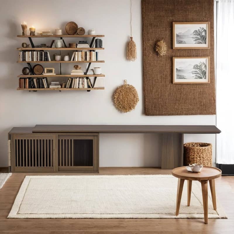 2 in 1 Cat TV Stand Entertainment Center with Extendable Table, Litter Box Enclosure with Cat Scratcher
