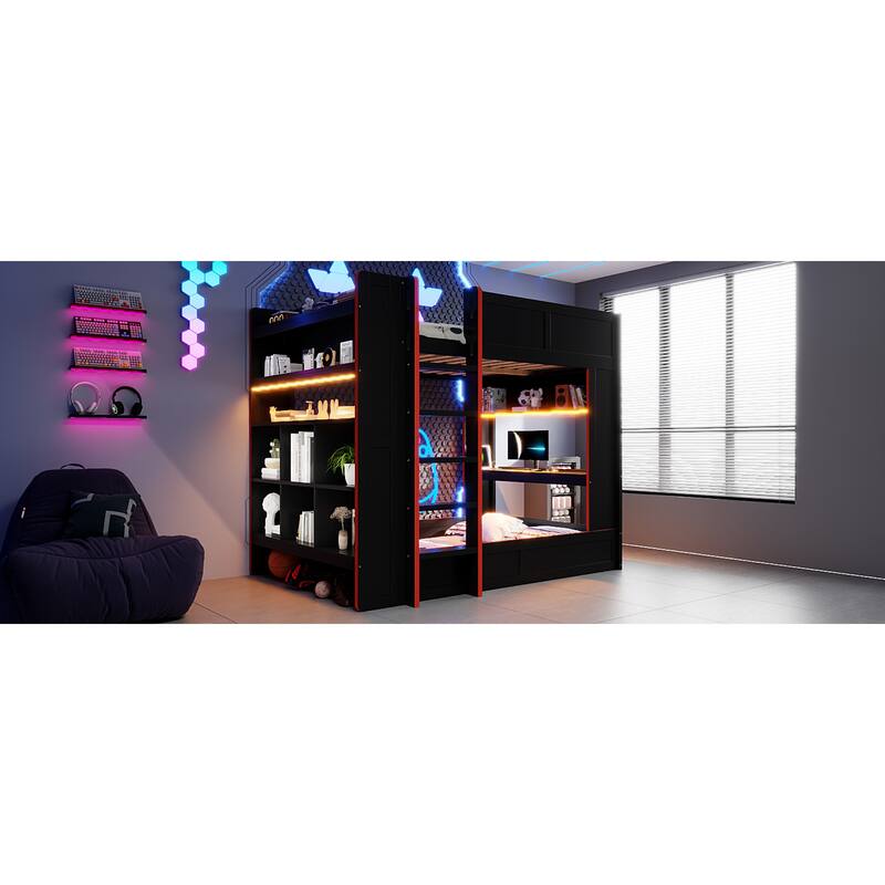 Roomfitters Full Size Gaming Bunk Bed with Desk, Storage Shelves, LED and Charging Station, Black
