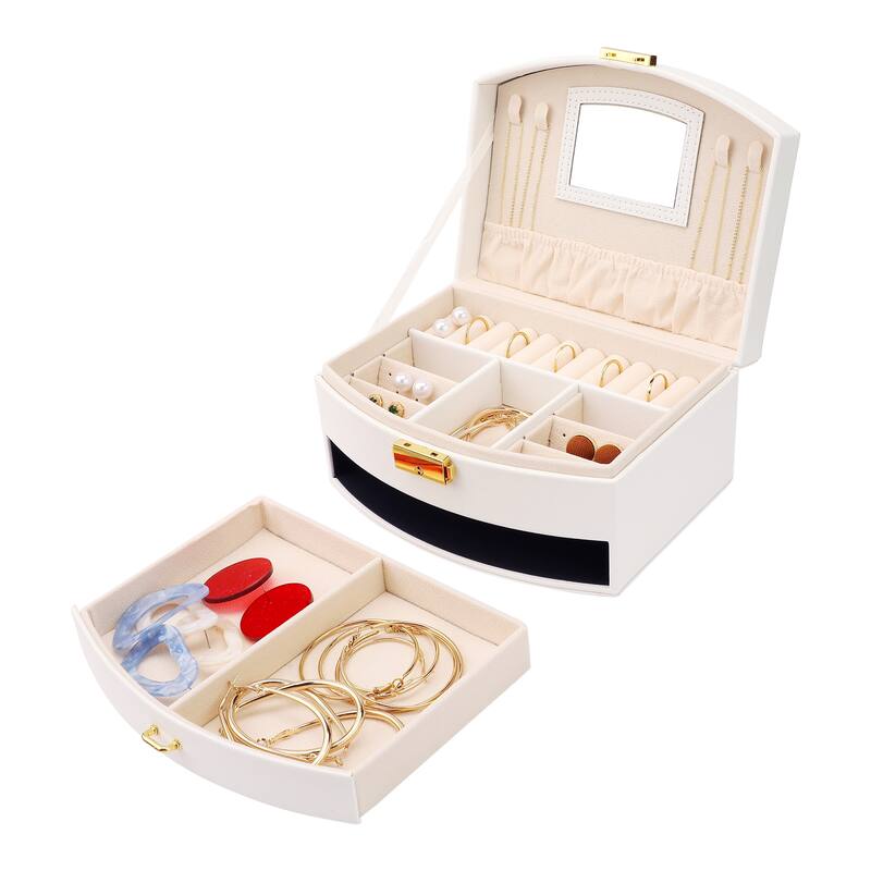 2 Layer Jewelry Box with Mirror, PU Leather Jewelry Organizer Case Storage Display Holder with Drawer, Removable Jewelry Tray