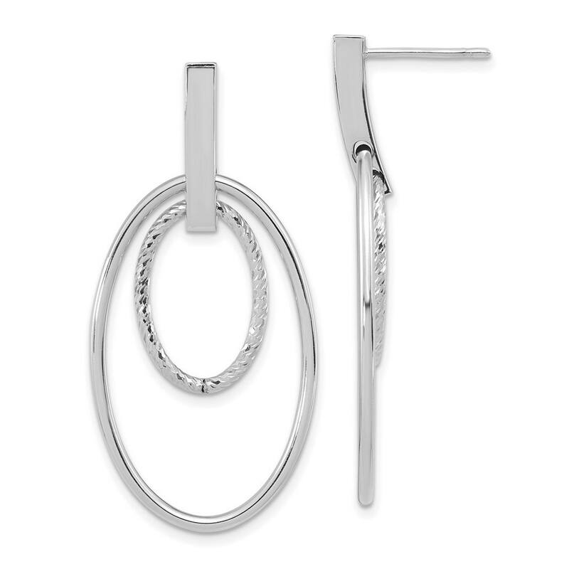 Curata 14k White Gold Polished and Textured Ovals Long Drop Dangle Post Earrings 44x22mm