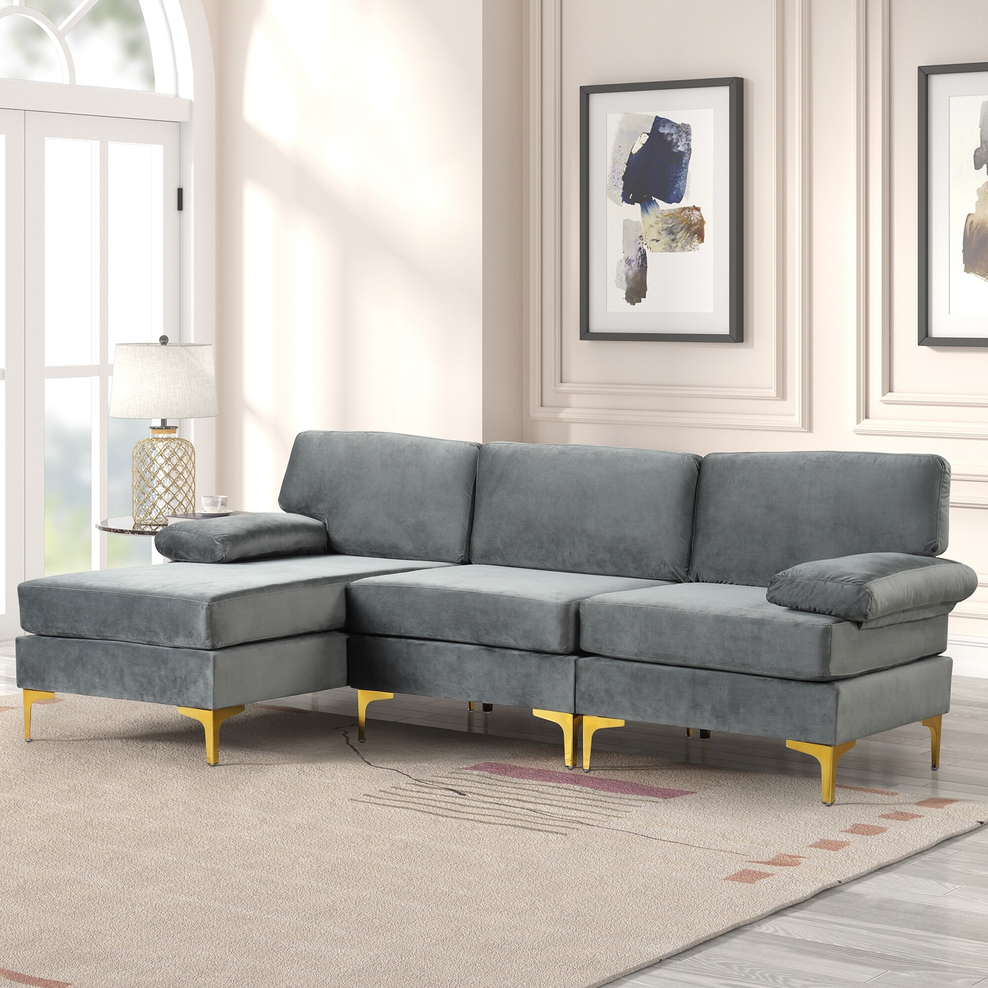 Modern Large Velvet Fabric Sectional Sofa L Shape Gold Legs with