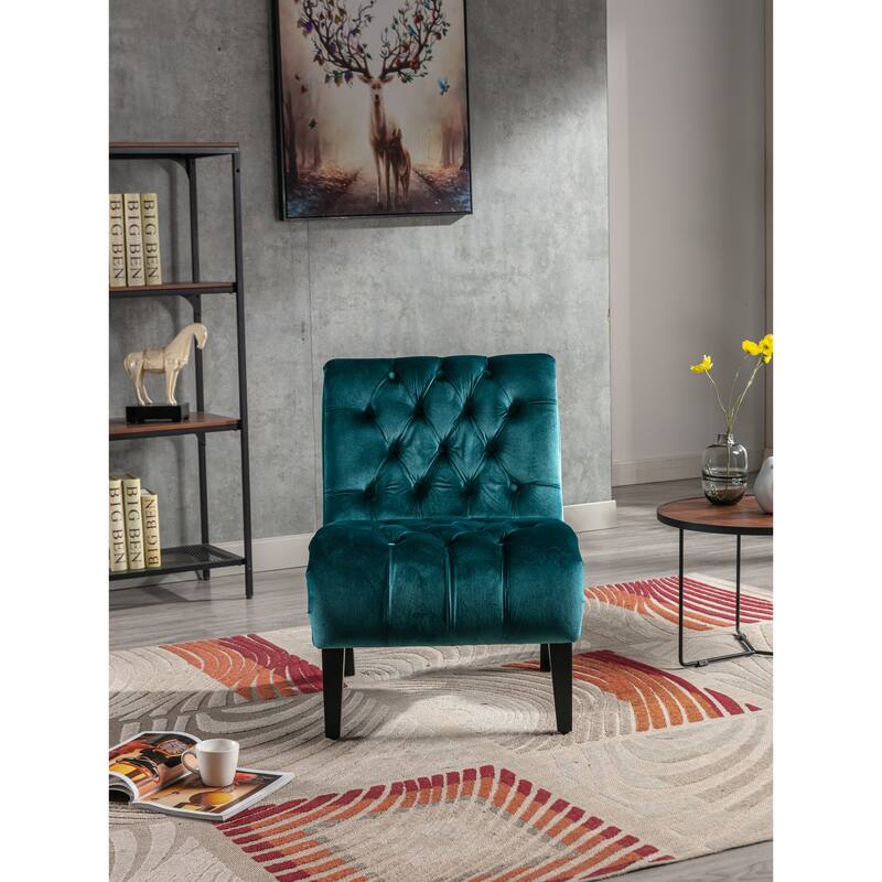 Modern velvet armless lounge chair with upholstered fabric solid wood legs for bedroom, living room, office - Teal